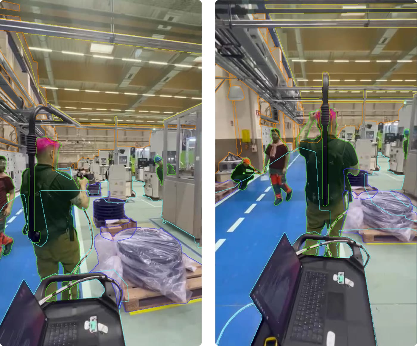 Segmented manufacturing floor scenes with annotated workers, equipment and infrastructure for Deep Safety