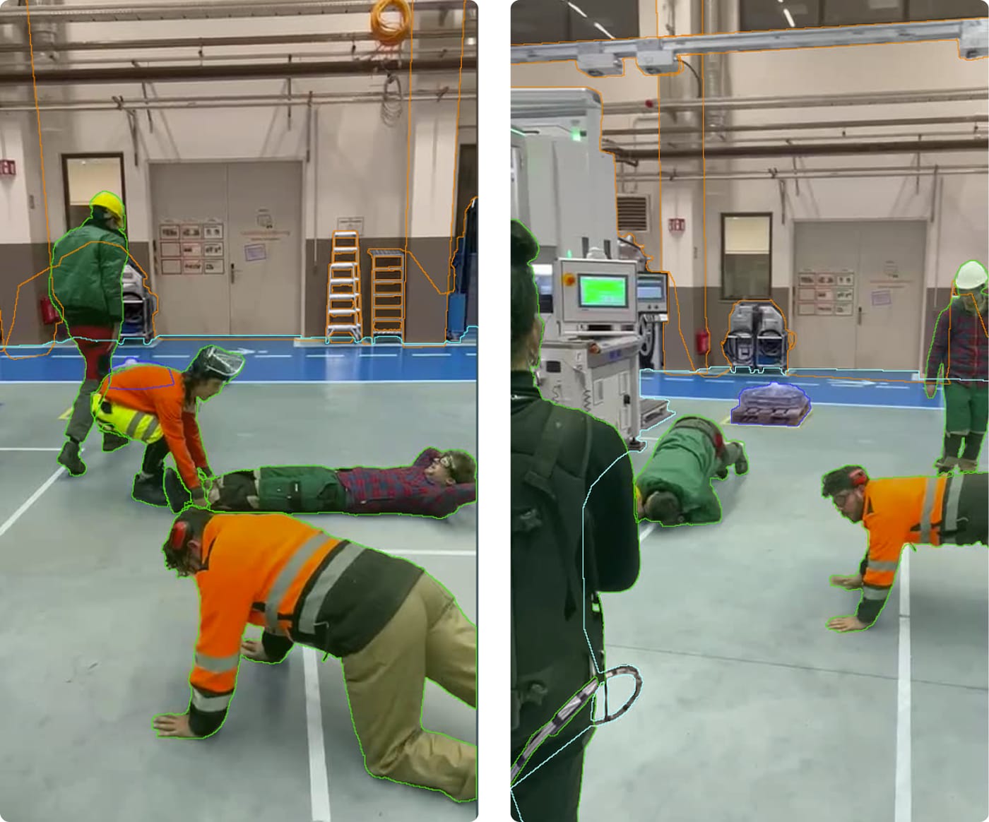 Validated human segmentation masks of workers crawling and lying on an industrial facility floor