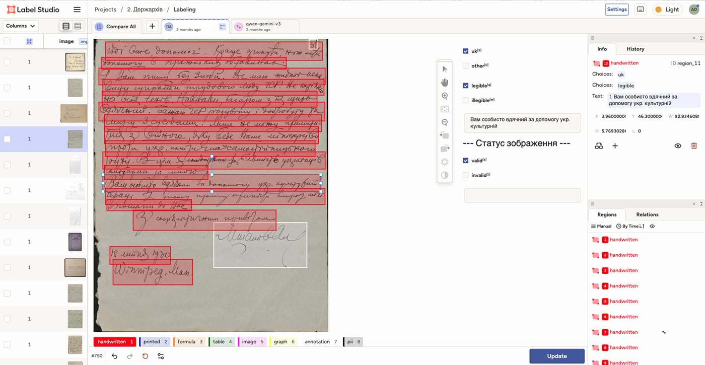 Line-level bounding boxes and content classes validated on an archival letter in Keylabs