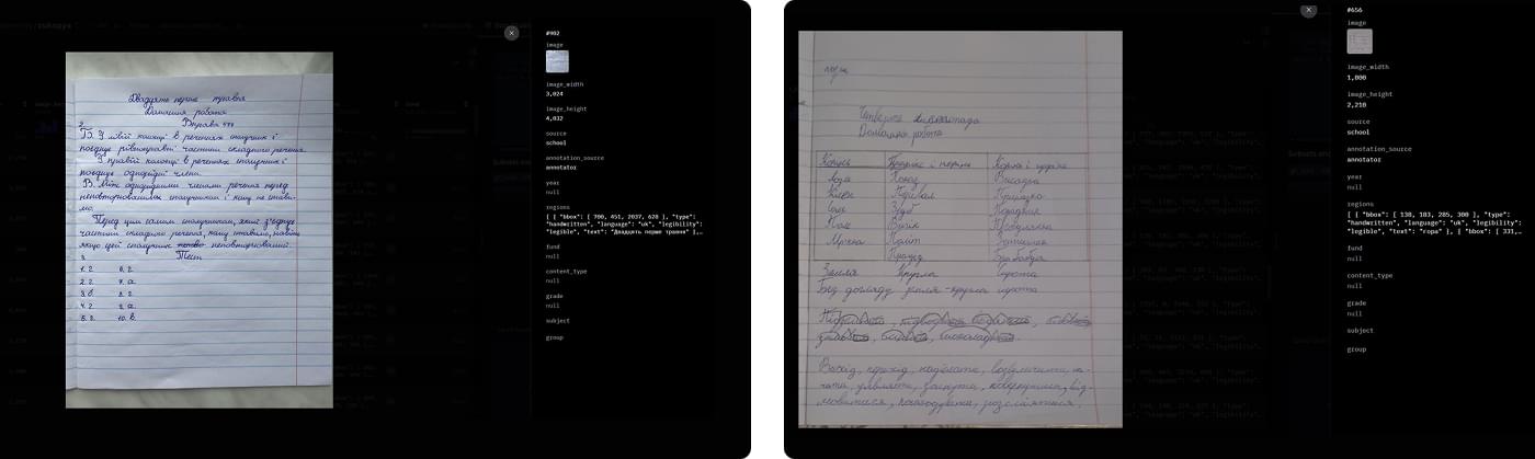 School manuscripts with mixed content of text, tables and symbols annotated for RUKOPYS