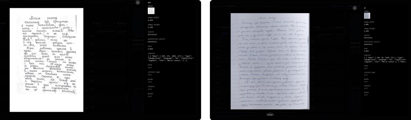 National dictation pages of continuous handwritten text annotated for RUKOPYS